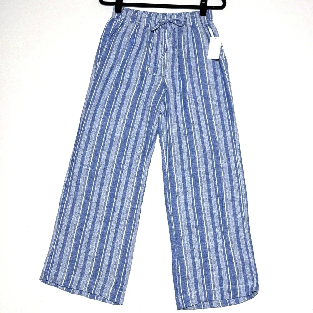NEW Briggs Women M Linen Blend Wide Leg‎ Striped Pants Drawstring Casual Coastal
